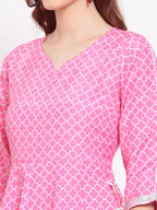 Myshka Women's Pink Printed Cotton Blend 3/4 Sleeve V Neck Casual Anarkali Kurta Dupatta Set