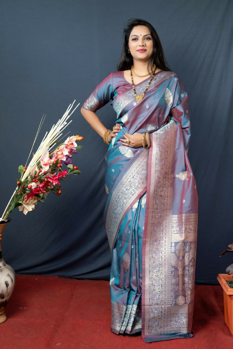 Jyoti Fashion Women's Grey Paithani Silk Zari Woven Saree with Blouse