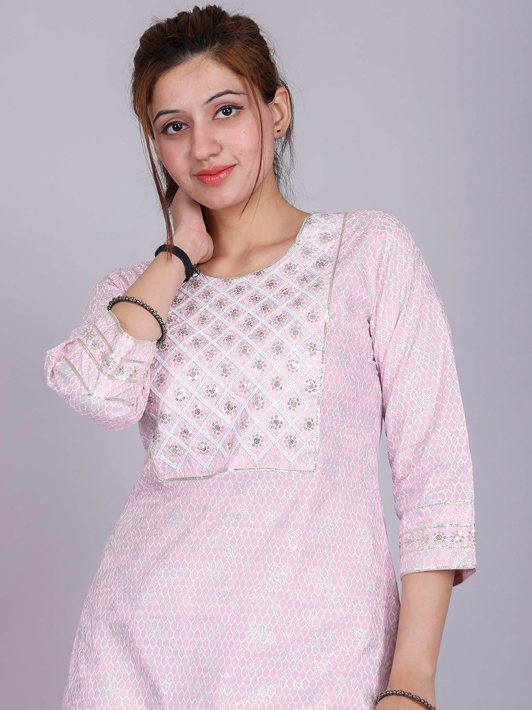 HERE&NOW Pink Ethnic Motifs Embroidered Sequinned Pure Cotton Kurta with Palazzos