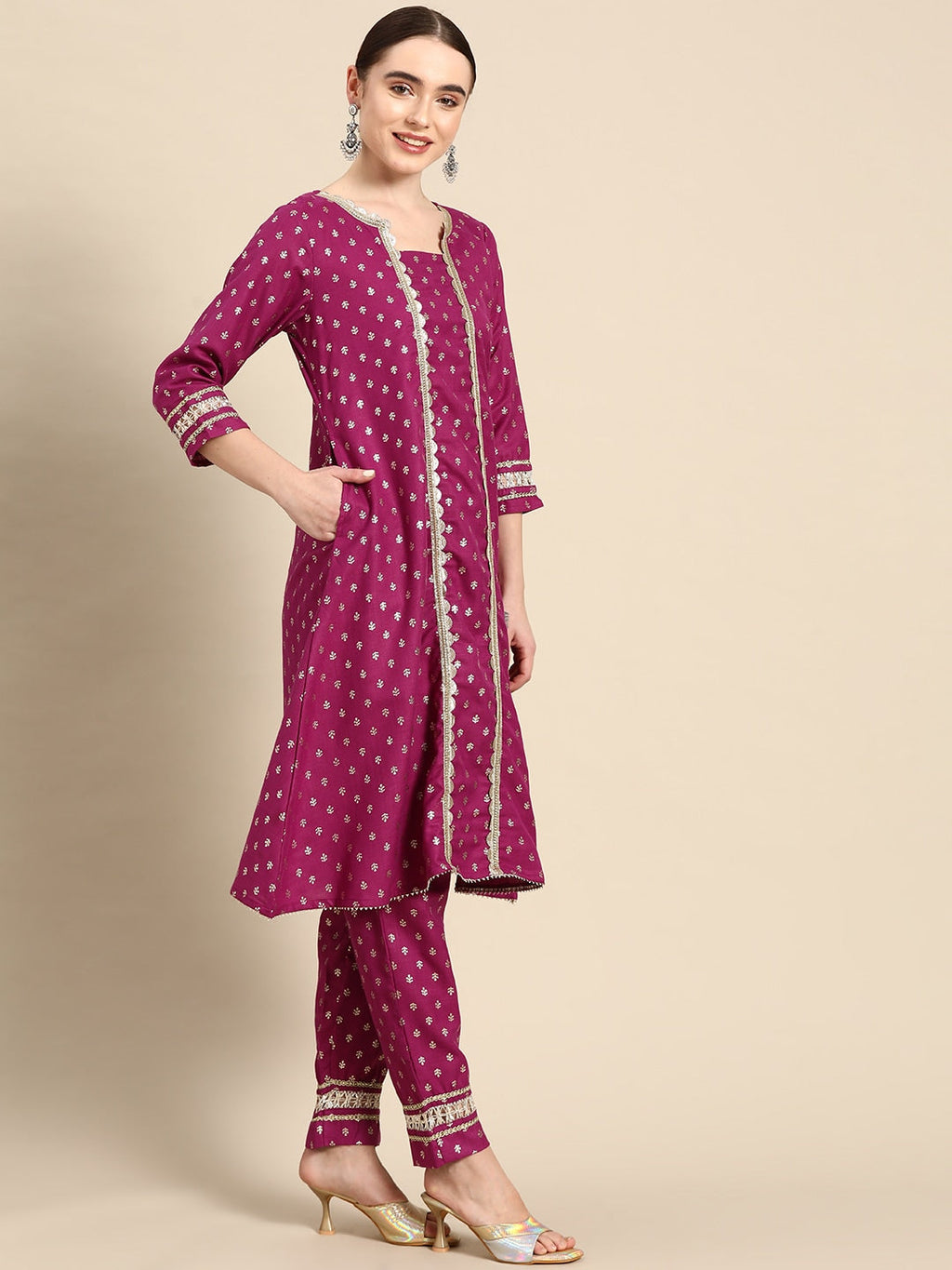 Sangria Ethnic Motifs Printed Gotta Patti Pure Cotton Kurta with Trousers & Dupatta