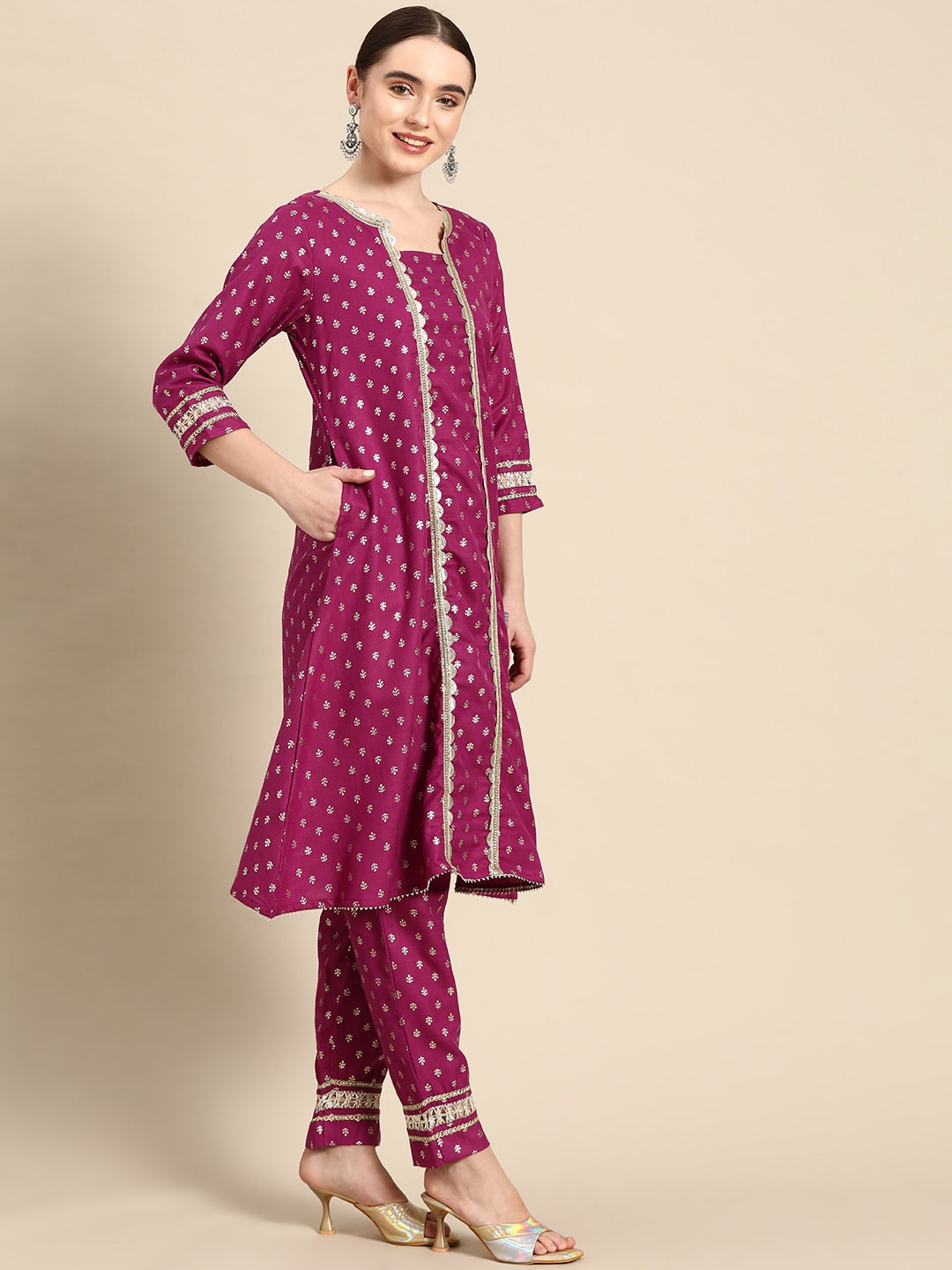 Sangria Ethnic Motifs Printed Gotta Patti Pure Cotton Kurta with Trousers & Dupatta