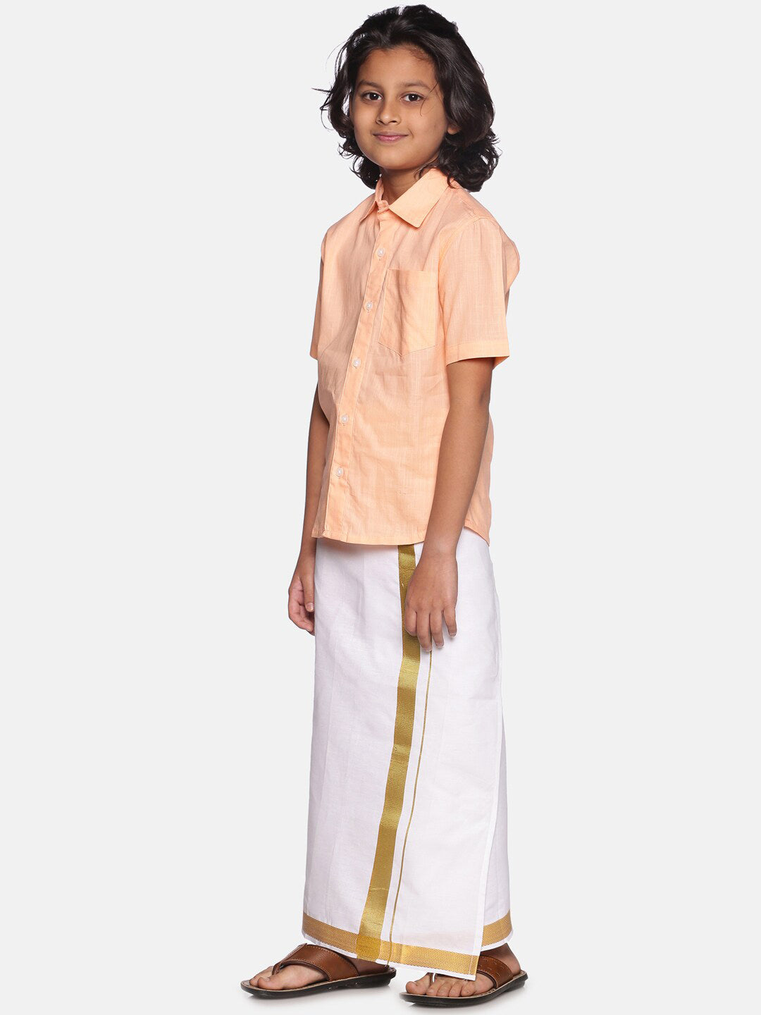 Sethukrishna Boys Orange & White Solid Cotton Shirt & Dhoti Set