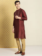 House of Pataudi Men Maroon Floral Yoke Design Jashn Kurta
