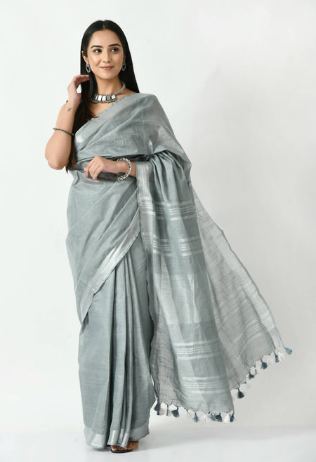 Mominos Fashion Moeza Gray Bhagalpuri Handloom Silk Linen Saree with unstitched Blouse piece