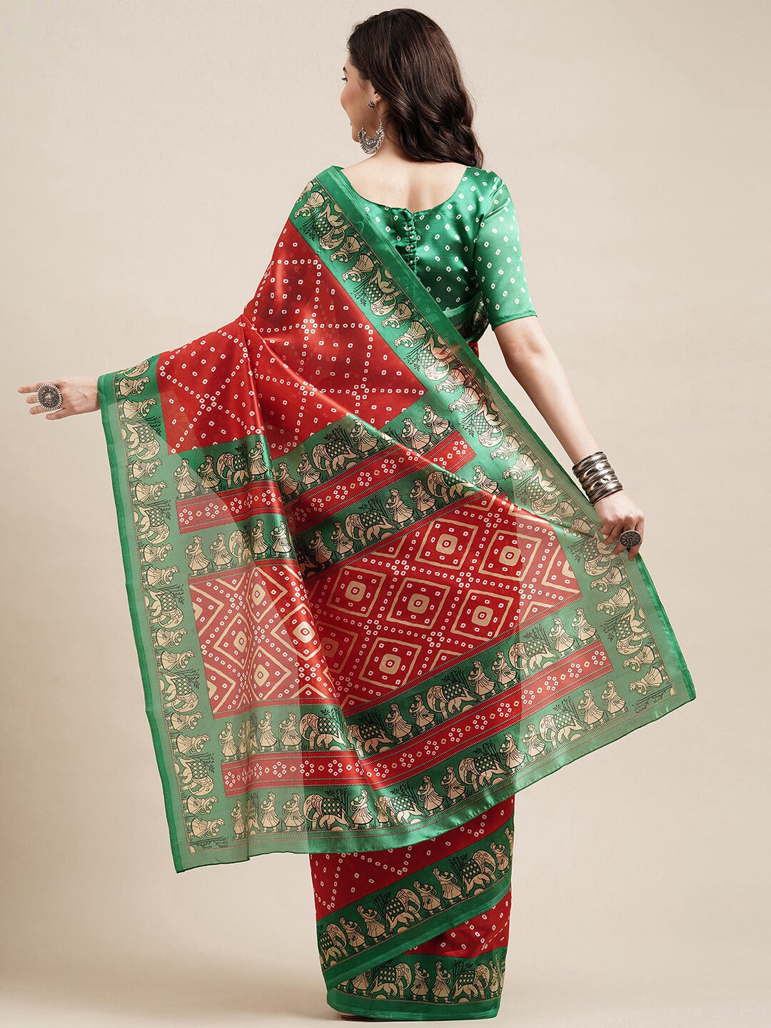 Saree Mall Red & Green Bandhani Printed Saree - Distacart