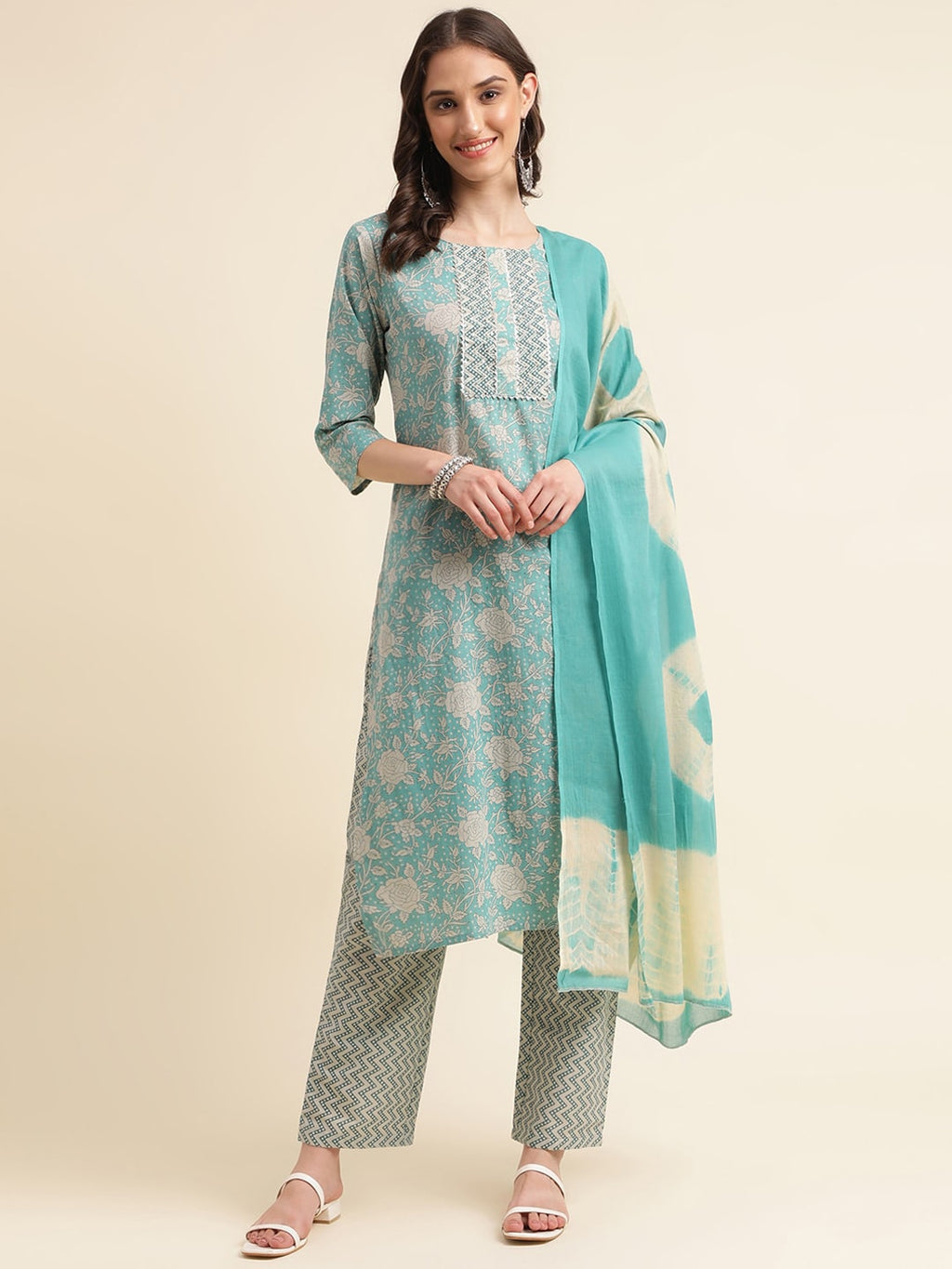 Sangria Green & Cream Floral Printed Pure Cotton Straight Kurta With Trouser