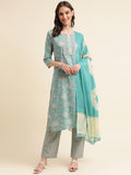 Sangria Green & Cream Floral Printed Pure Cotton Straight Kurta With Trouser