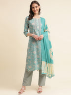 Sangria Green & Cream Floral Printed Pure Cotton Straight Kurta With Trouser