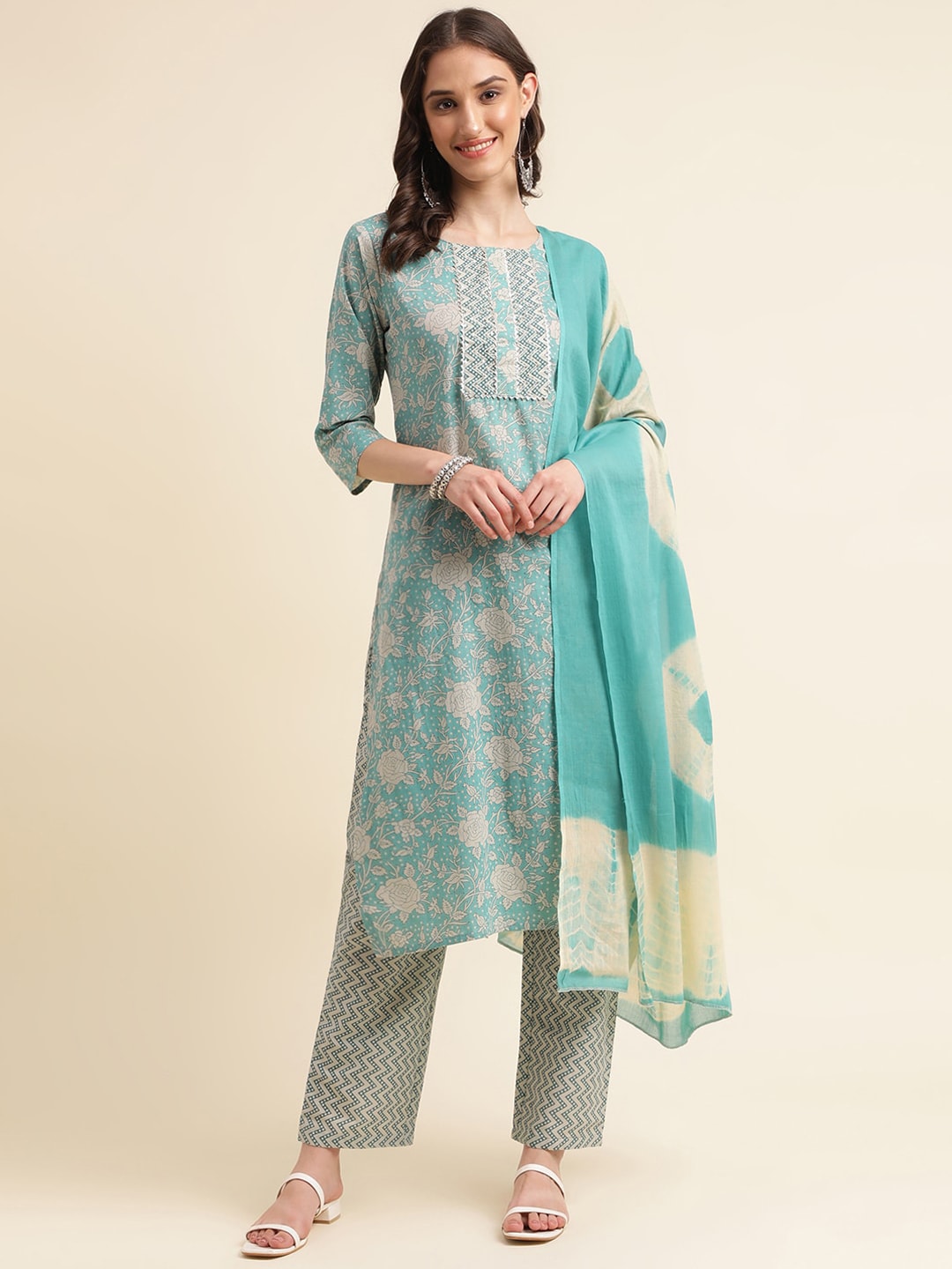 Sangria Green & Cream Floral Printed Pure Cotton Straight Kurta With Trouser