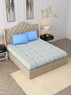 DREAM WEAVERZ Blue & Yellow Cotton Ethnic Motifs 300 TC Double Bedsheet with 2 Pillow Covers