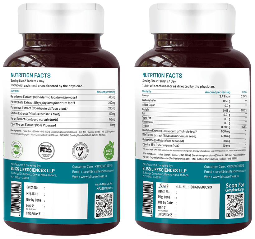 bliss welness combo pack of body kidney liver detox veg tablet 60 each