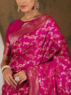 Sangria Pink & Gold-Toned Floral Woven Design Zari Banarasi Saree - Distacart