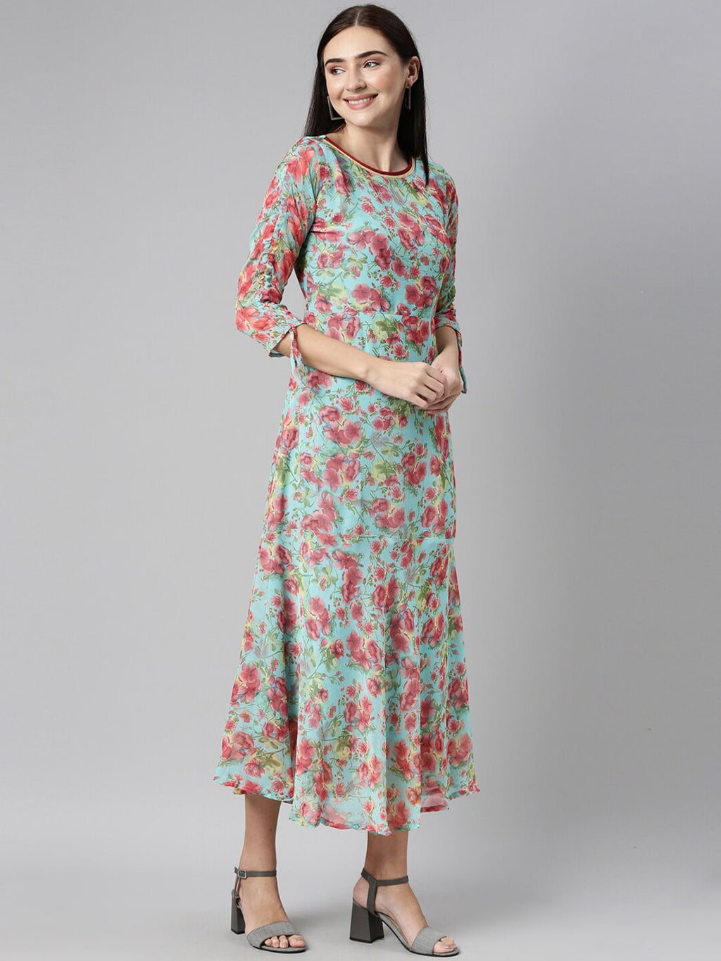 Souchii Turquoise Blue Floral Printed Chiffon A-Line Midi Dress - Distacart