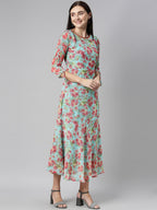 Souchii Turquoise Blue Floral Printed Chiffon A-Line Midi Dress - Distacart