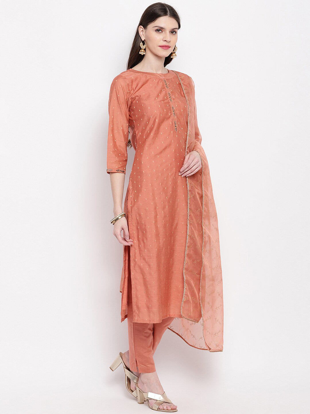 Janasya Peach-Coloured Self Design Kurta with Trousers & Dupatta - Distacart