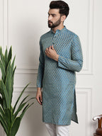 Sojanya Men Blue & Beige Ethnic Motif Printed Jacquard Silk Kurta