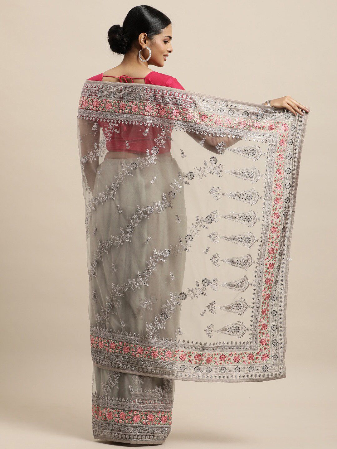 kasee Grey & Fuchsia Floral Embroidered Net Heavy Work Saree - Distacart