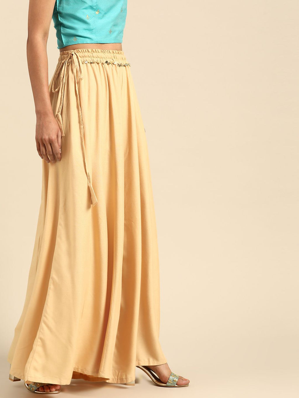 TAG 7 Women Beige Solid Flared Palazzos