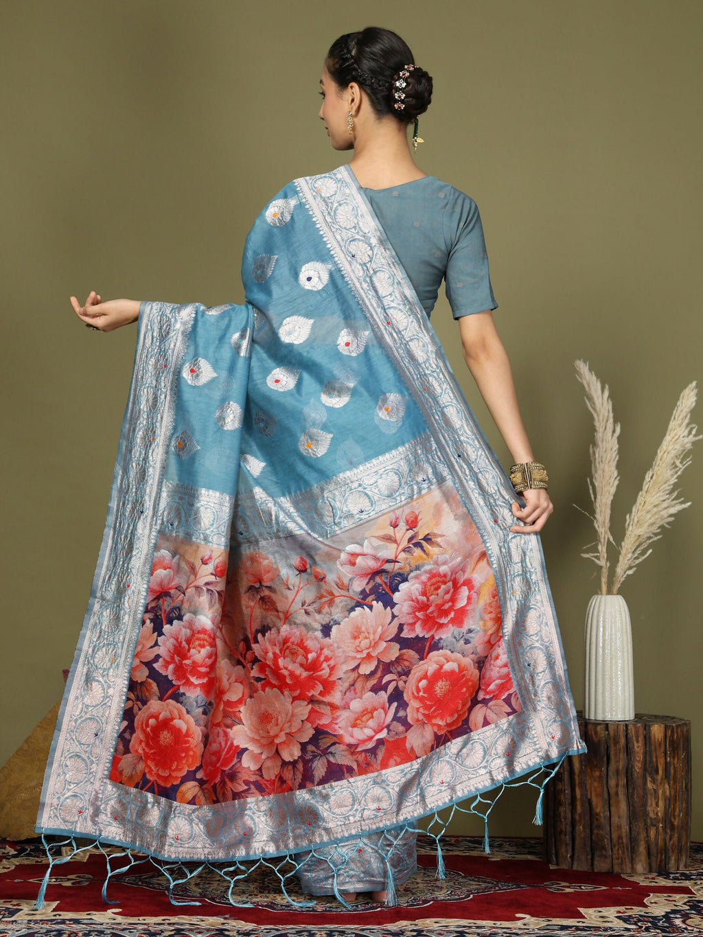 Shree Shyam Fashion Linen Cotton Sky Blue Saree - Distacart