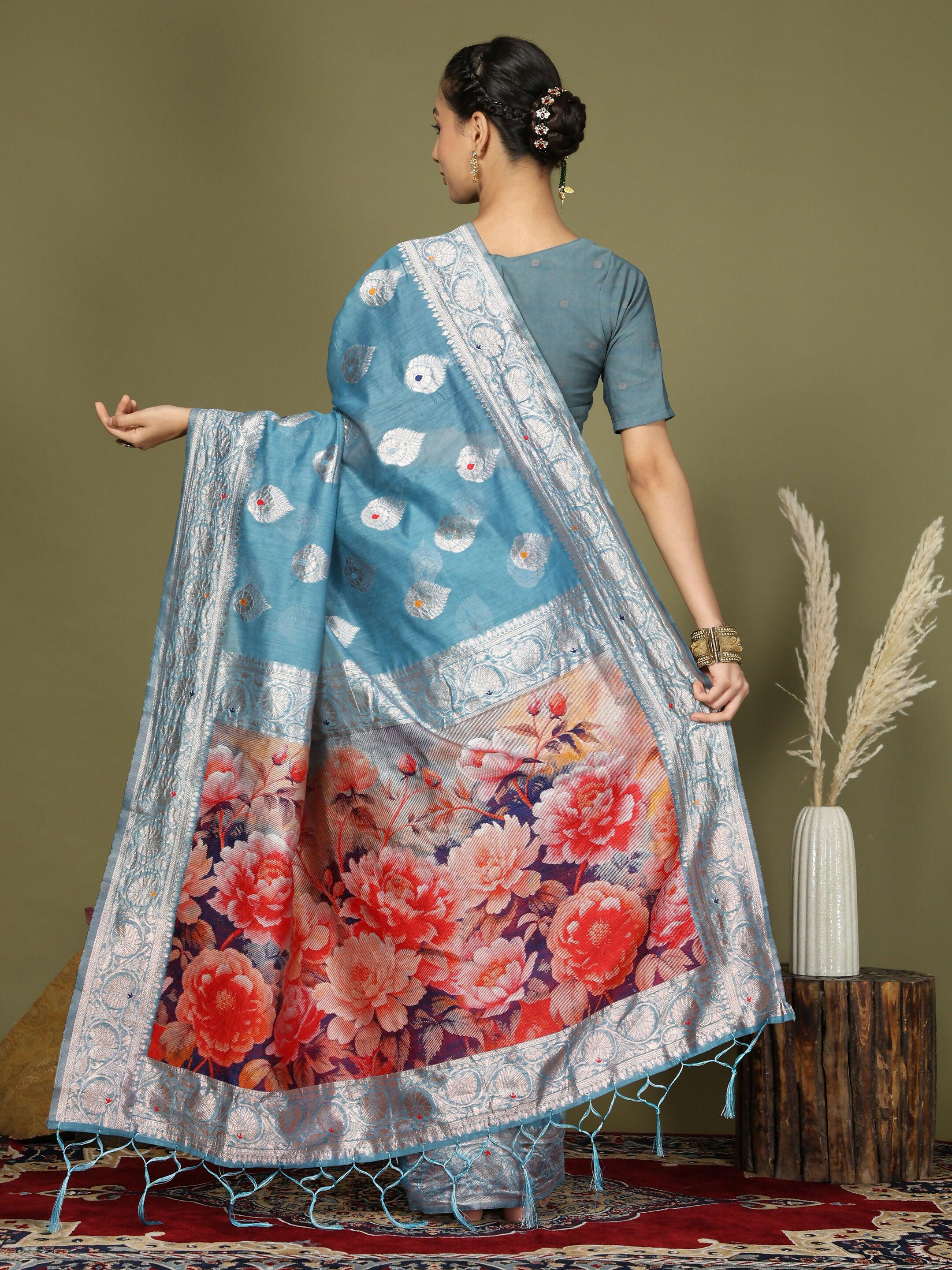 Shree Shyam Fashion Linen Cotton Sky Blue Saree - Distacart