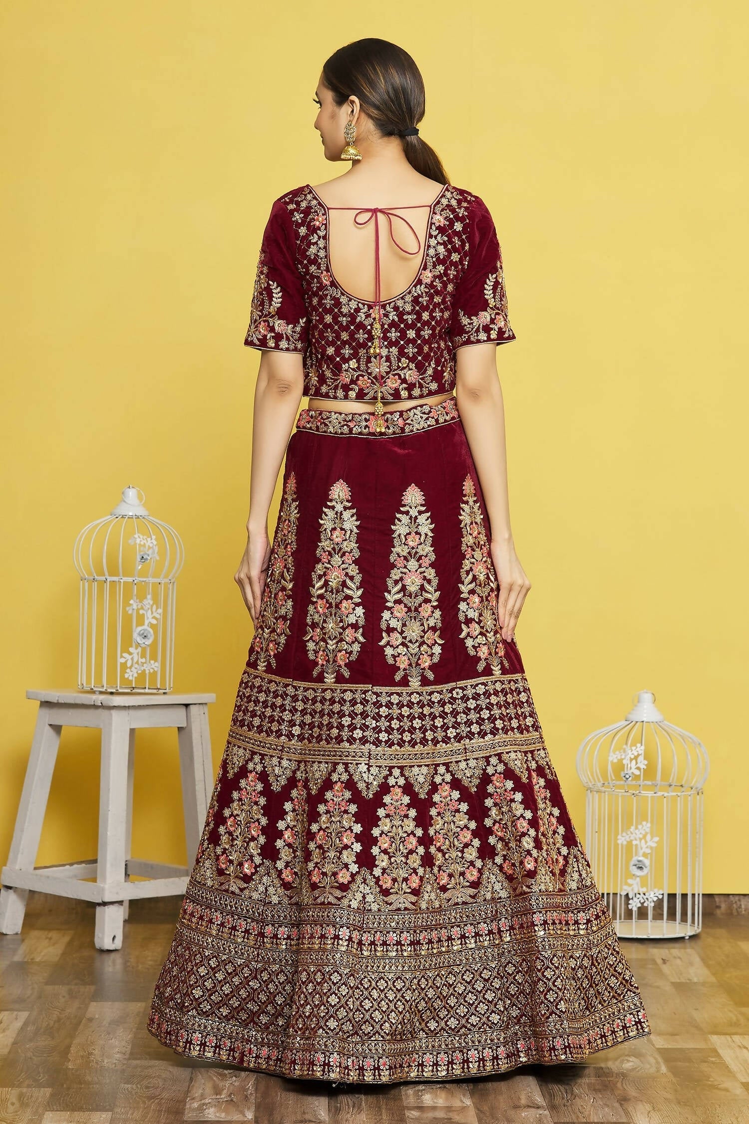Maroon Velvet Semi-Stitched Wedding Bridal Lehenga - Nimaya