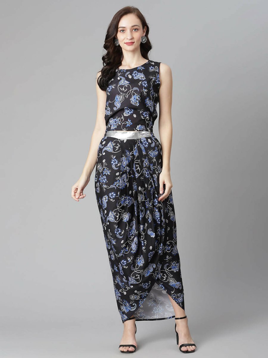 Ahalyaa Women's Black Color Crepe Digital Print Top Skirt With Shrug - Distacart