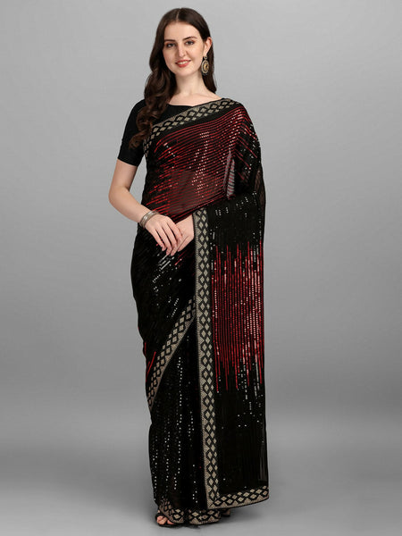 Vegaa Fashion Black Georgette Embroidered Party Wear Saree