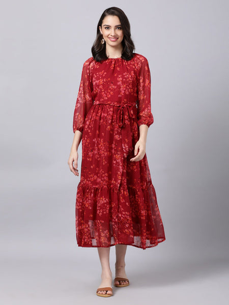 Souchii Maroon Floral Layered Chiffon A-Line Midi Dress