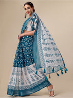 Sangria Teal & White Floral Printed Pure Linen Saree - Distacart