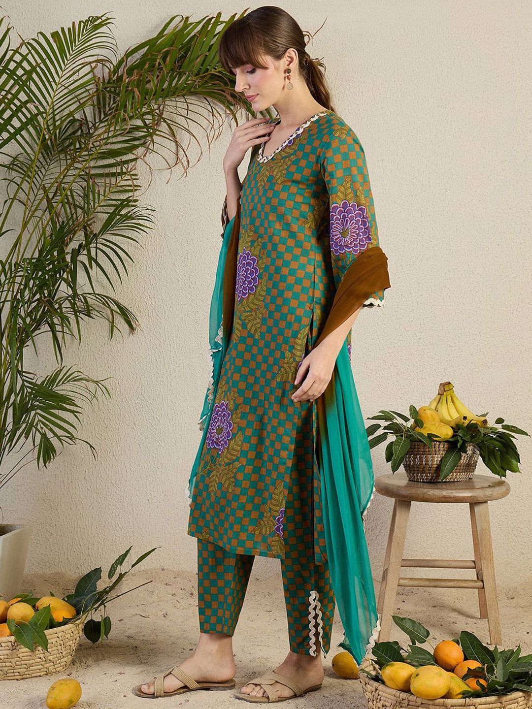 Indo Era Women Floral Printed Regular Beads and Stones Kurta with Trousers & With Dupatta - Distacart
