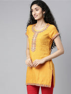 Souchii Women Yellow Embroidered Thread Work Kaftan Kurta - Distacart