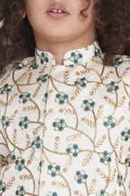 Little Bansi Banarsi Silk Blue Floral Embroidery Jacket With Cotton Kantha kurta And Kantha Dhoti - Cream