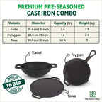 The Indus Valley CASTrong Cast Iron Cookware Set: Tawa+ Kadai+ Fry Pan, Kitchen Set for Home, Pre-seasoned, 100% Pure, Toxin-free, Tadka Pan