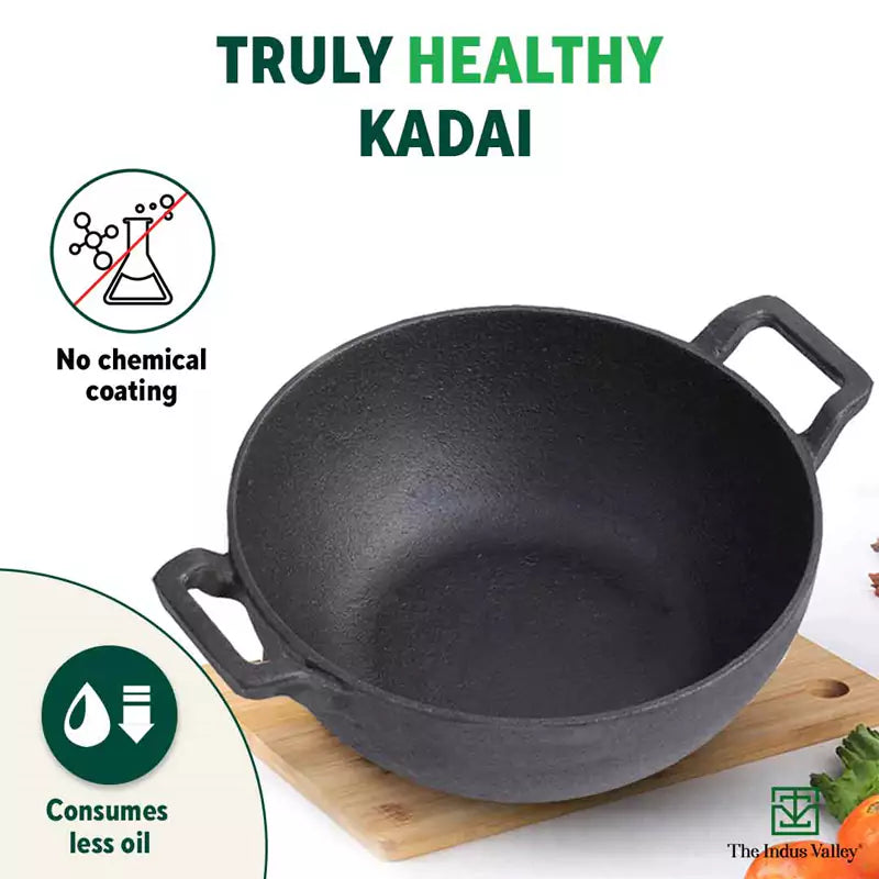 The Indus Valley CASTrong Cast Iron Kadai, Pre-seasoned, Nonstick, 100% Pure, Toxin-free, Induction, 21/25cm, 1.7L/3.3kg