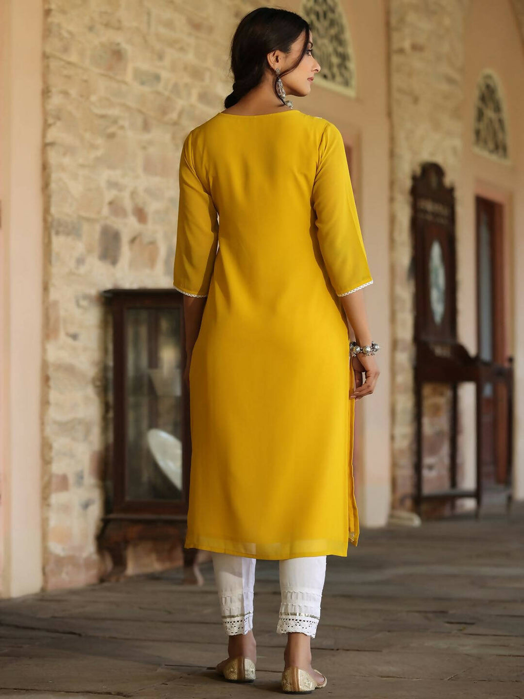 Juniper Women's Yellow Georgette Printed Kurta - Distacart