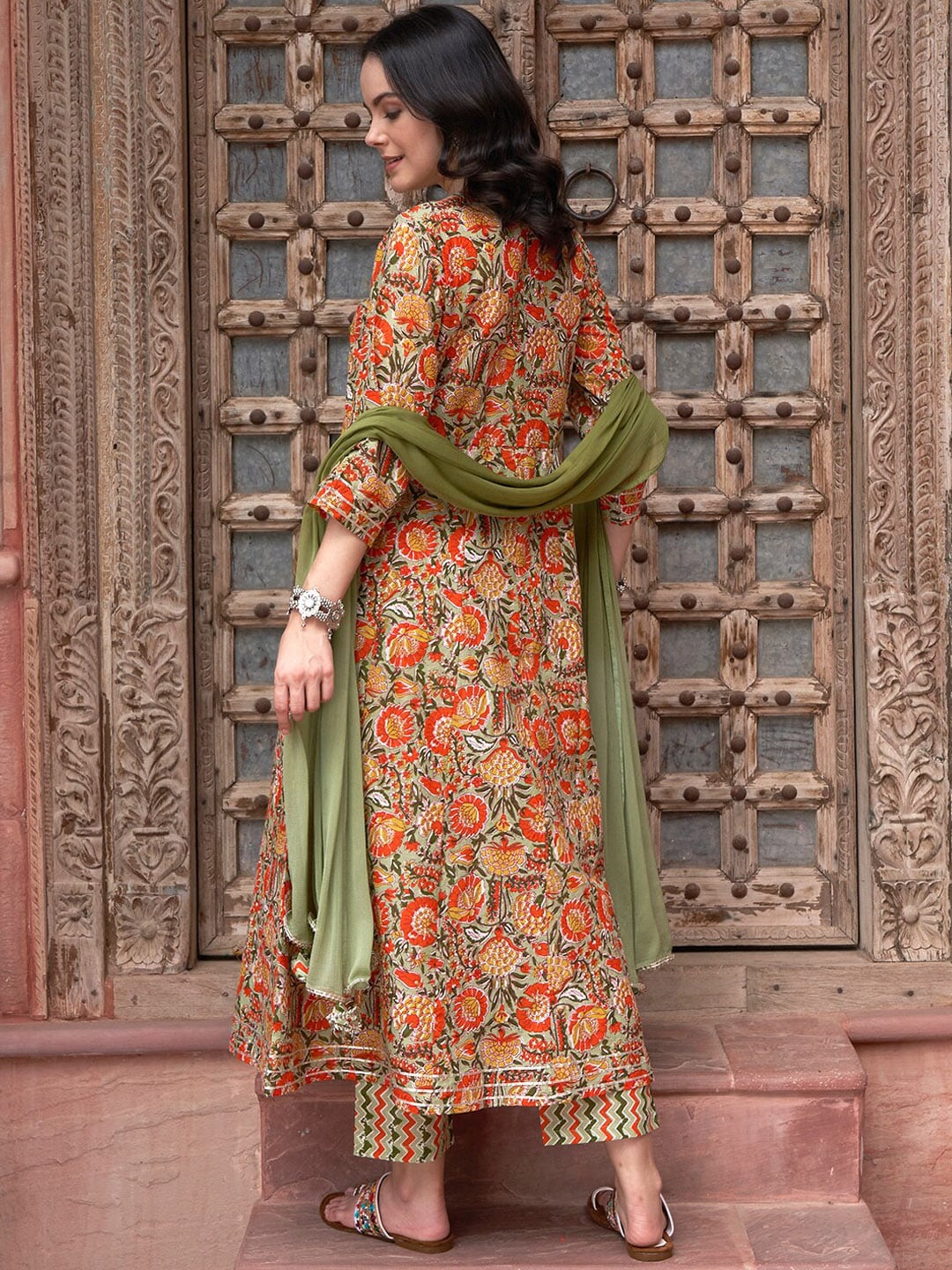 Sangria Orange Printed Gotta Patti Detail Pure Cotton A-Line Kurta With Trousers & Dupatta