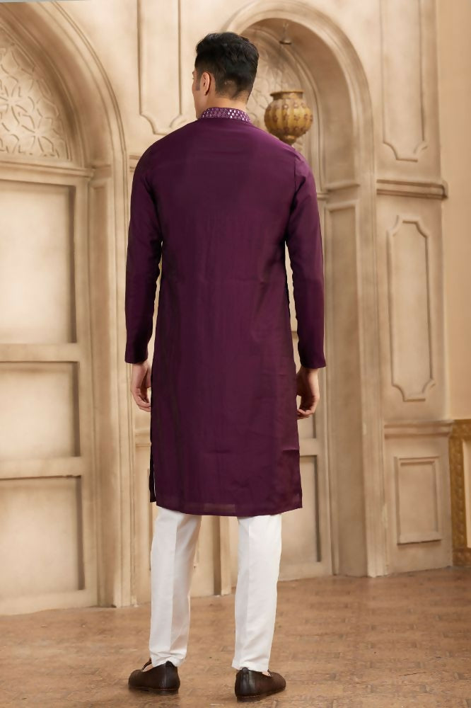 Raivat Ethnic Banarasi Art Silk Mirror Work Kurta Pajama In Wine Colour