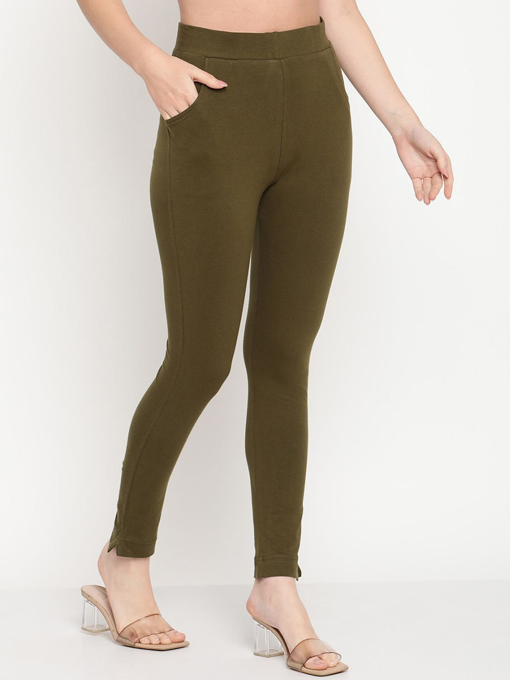 TAG 7 Women Olive Green Solid Ankle-Length Leggings
