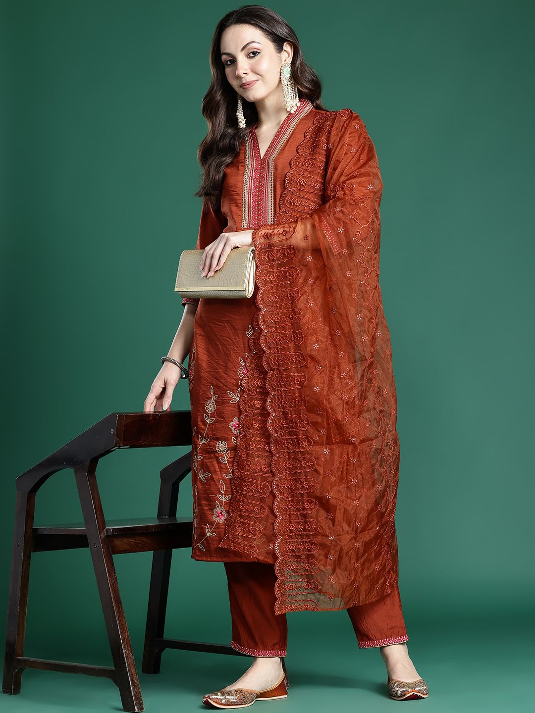 Indo Era Women Ethnic Motifs Embroidered Regular Sequinned Kurta with Trousers & With Dupatta - Distacart