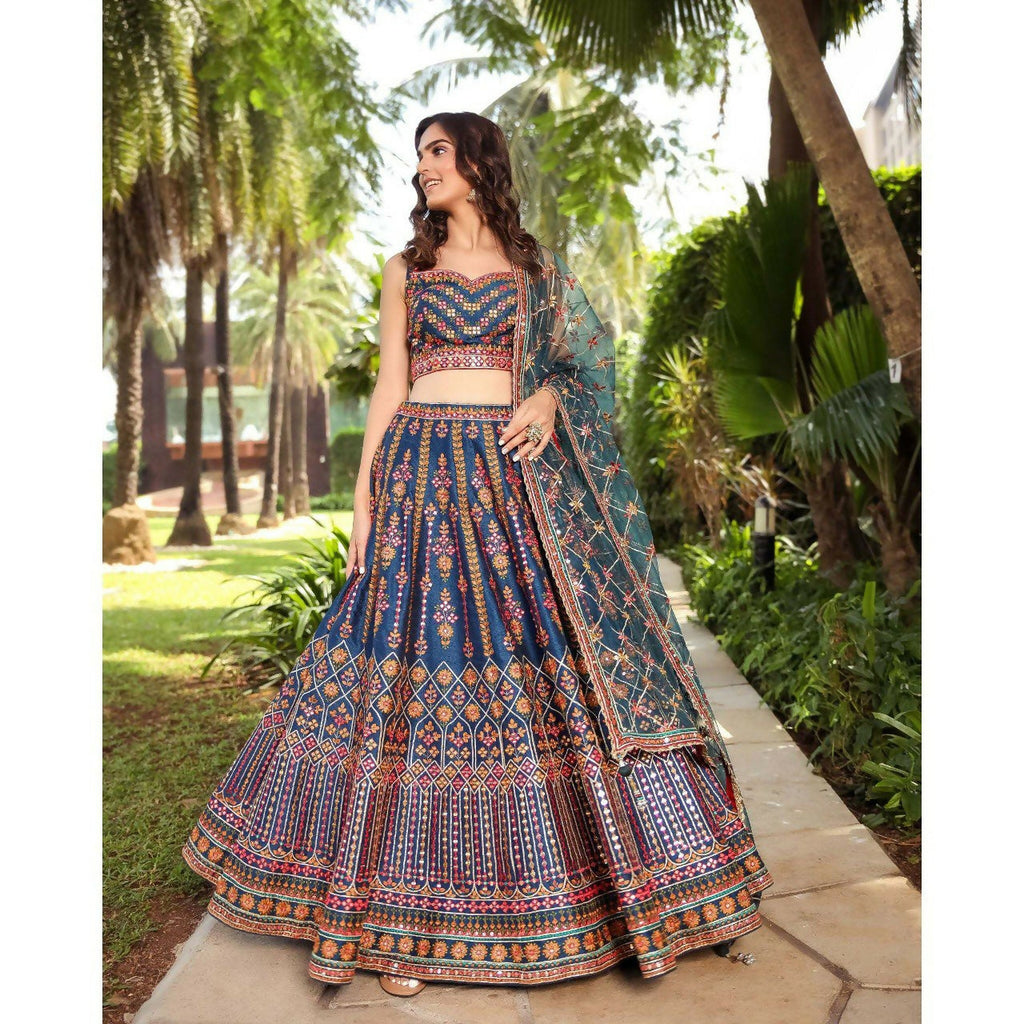 Jyoti Fashion Outstanding Blue Chinon 3MM, 9MM Sequins with Thread & Jari Embroidery Lehenga Choli with Dupatta