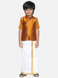 Sethukrishna Boys Mustard Brown & White Solid Shirt and Veshti Set