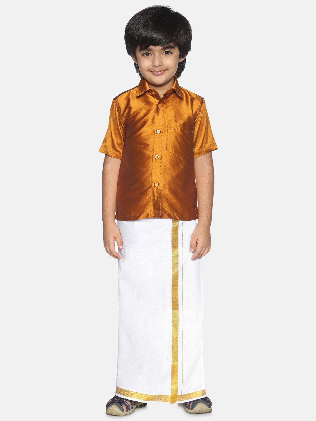 Sethukrishna Boys Mustard Brown & White Solid Shirt and Veshti Set