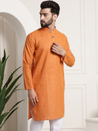 Sojanya Men Orange Dobby Self-Checked Straight Kurta