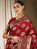 Sangria Red Ethnic Motifs Woven Design Zari Banarasi Saree - Distacart