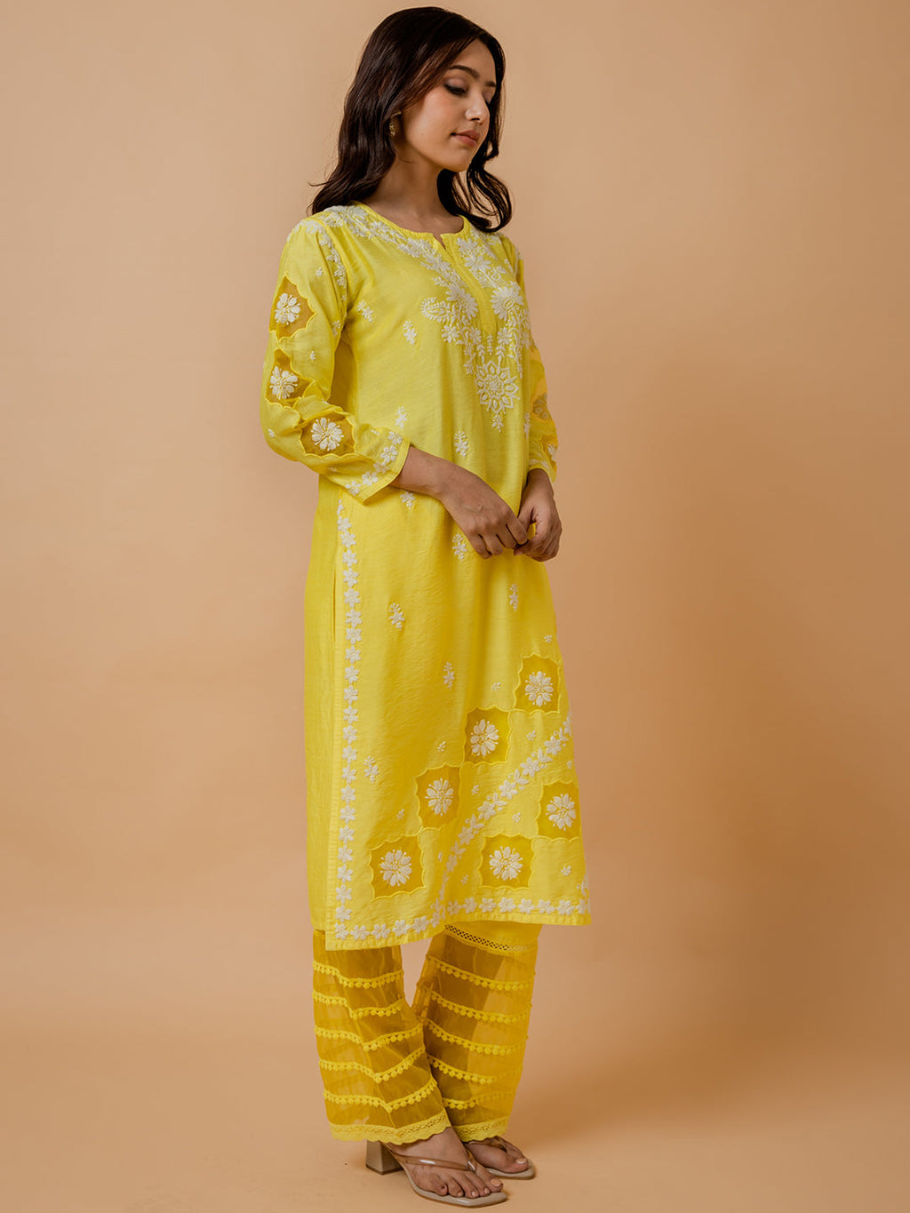 HOUSE OF KARI Ethnic Motifs Embroidered Round Neck Chikankari Chanderi Silk Kurta