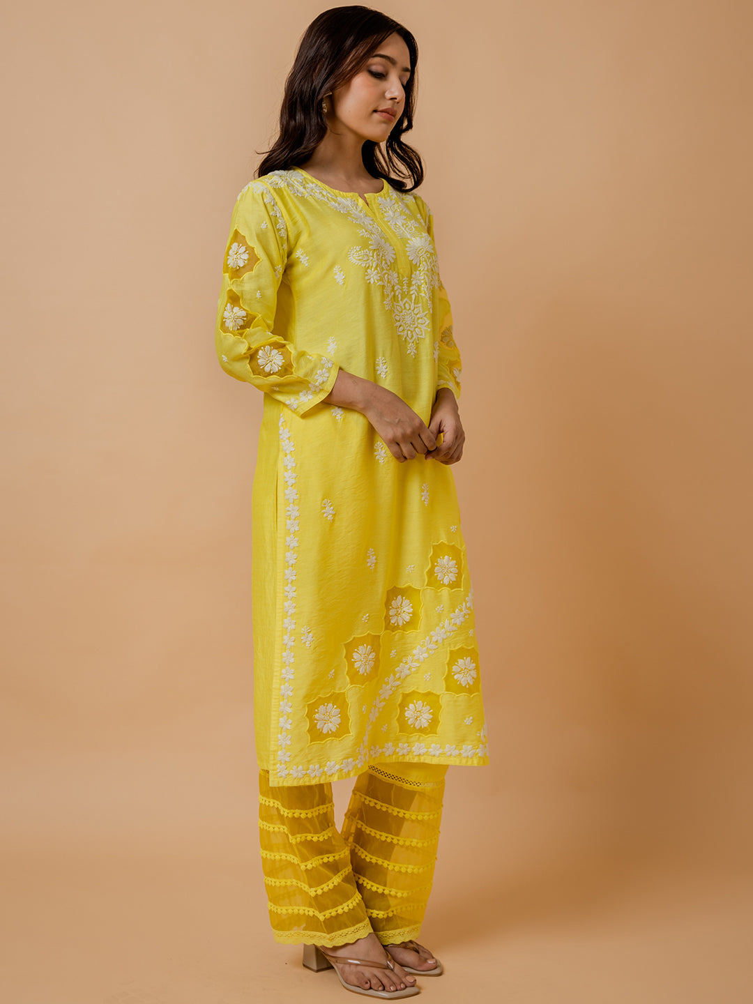 HOUSE OF KARI Ethnic Motifs Embroidered Round Neck Chikankari Chanderi Silk Kurta