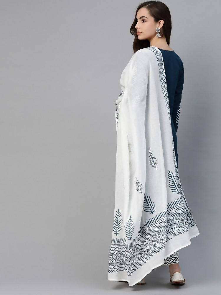 YuftaWomen Navy Blue & White Yoke Design Thread Work Cotton Kurta with Palazzo & Dupatta