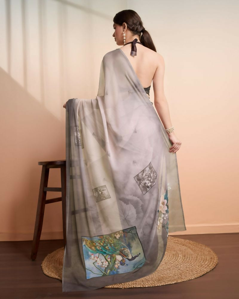Grey Georgette Designer Printed Party Wear Saree - Cinderella