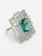 NVR Women's Green & Silver CZ-Studded Square-Shaped Adjustable Finger Ring