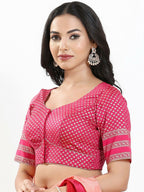 Joban Fashion South Pink Brocade Padded Blouse With Round Neck Elbow Sleeves - Distacart